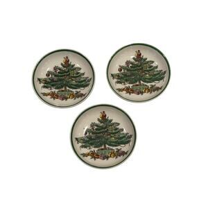 Set of 4 Vtg SPODE England Christmas Tree 3" Butter Pats S3324 Green Trim